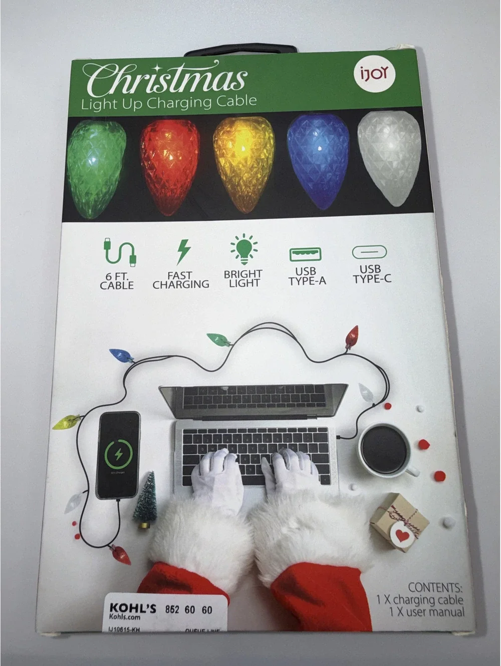 NEW! iJoy Christmas Light Up Charging Cable 6 ft Type A to C USB Cable